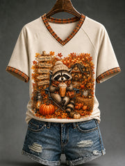 Cute Raccoon Drinking Pumpkin Spice Latte V-Neck Shirt Autumn Raccoon Tee Funny Halloween Gifts