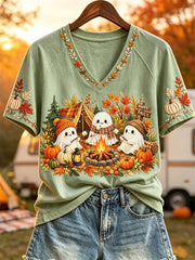 Cute Ghosts Roasting Marshmallows Campfire V-Neck Shirt Autumn Halloween Shirt Gifts For Her