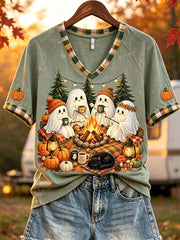 Cute Ghosts Roasting Marshmallows Campfire V-Neck Shirt Autumn Halloween Shirt Lover Gift