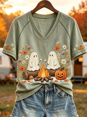 Cute Mummy Camping Campfire V-Neck Shirt Halloween Spooky Tee Unique Halloween Apparel