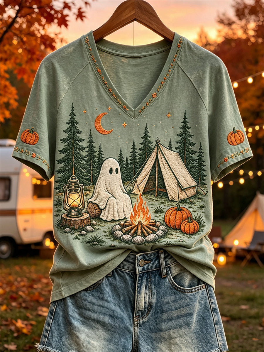 Ghost Camping By Campfire V-Neck Shirt Halloween Autumn Merch Halloween Gifts For Girls