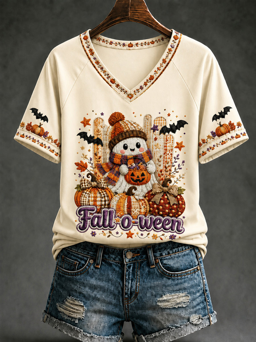 Fall-o-ween V-Neck Shirt Halloween Autumn Tee Halloween Apparel For Her