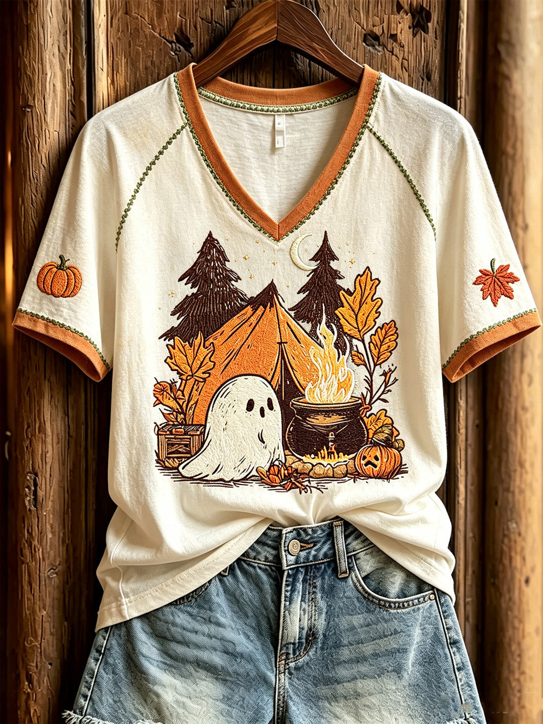 Ghost Camping Pumpkin V-Neck Shirt Halloween Autumn Tee Halloween Wedding Gifts