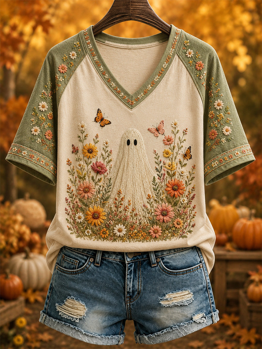 Floral Tropical Ghost Halloween V-Neck Shirt Halloween Autumn Shirt Cute Halloween Apparel