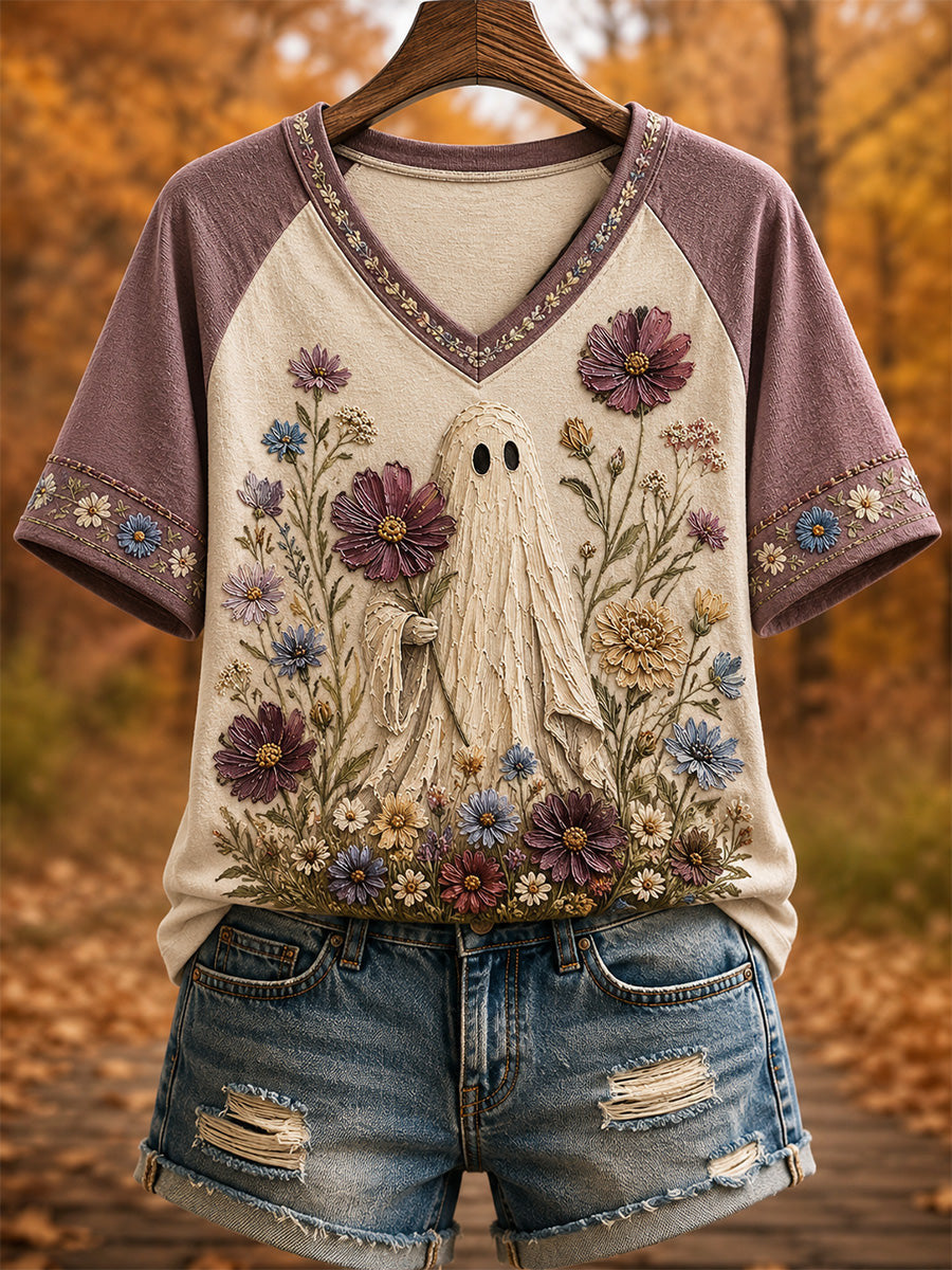 Ghost Among Flowers V-Neck Shirt Halloween Floral Merch Halloween Gifts For Girlfriend