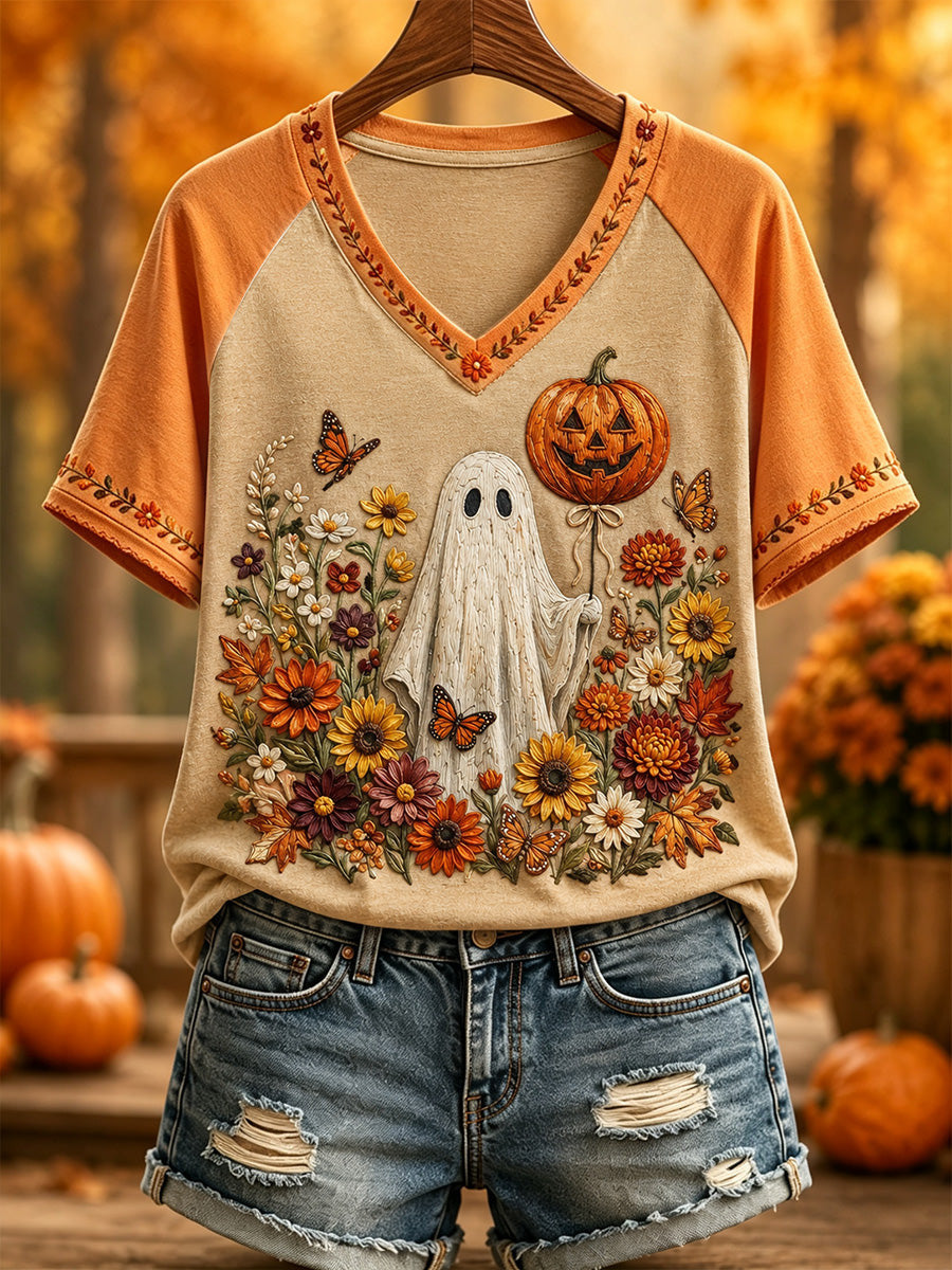 Ghost Holding Pumpkin Wildflower V-Neck Shirt Halloween Autumn Merch Gifts For My Wife
