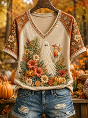 Ghost Holding Tropical Drink V-Neck Shirt Autumn Halloween Merch Fall Fashion Gift Ideas