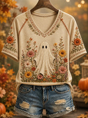 Ghost In Wildflower Field V-Neck Shirt Halloween Autumn Tee Women Halloween Apparel