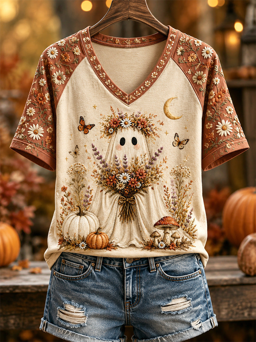 Ghost With Flowers And Moon V-Neck Shirt Halloween Autumn Shirt Halloween Apparel For Her