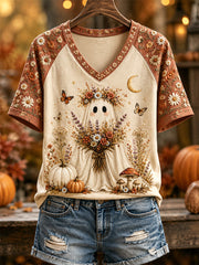 Ghost With Flowers And Moon V-Neck Shirt Halloween Autumn Shirt Halloween Apparel For Her