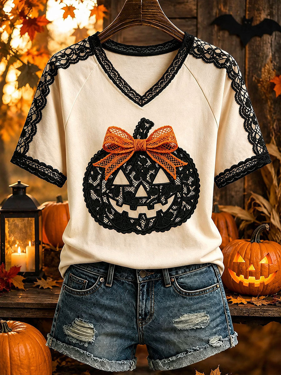 Jack O'Lantern Pumpkin V-Neck Shirt Halloween Pumpkin Merch Unique Halloween Outfit