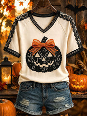 Jack O'Lantern Pumpkin V-Neck Shirt Halloween Pumpkin Merch Unique Halloween Outfit