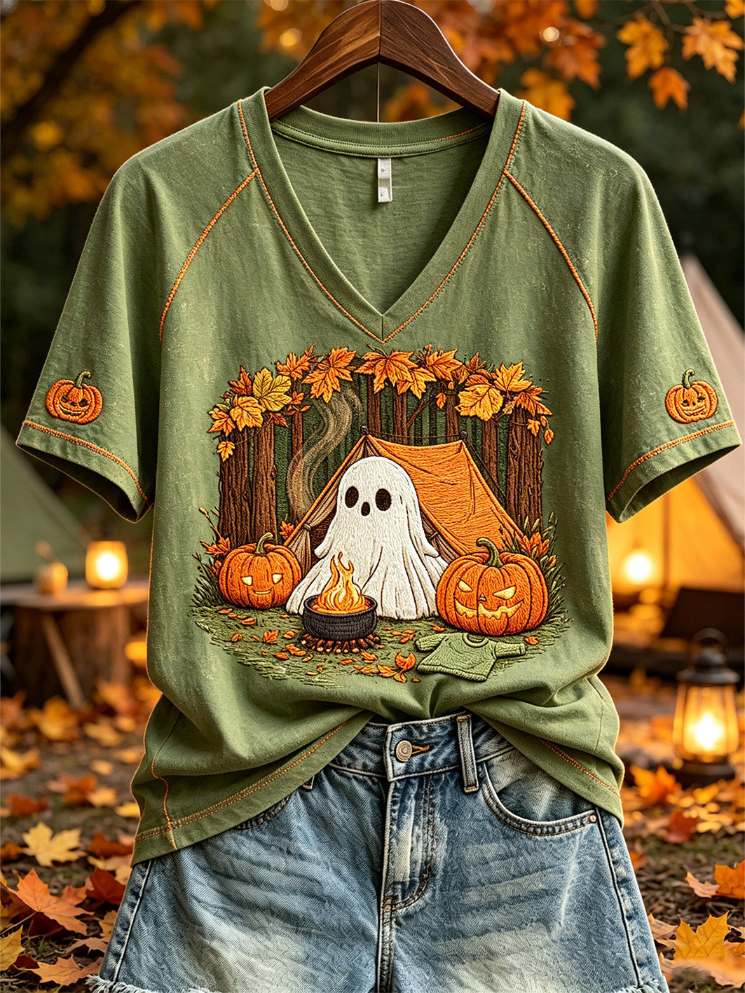 Ghost Camping With Pumpkins V-Neck Shirt Halloween Spooky Shirt Cozy Apparel Gift