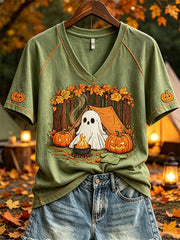Ghost Camping With Pumpkins V-Neck Shirt Halloween Spooky Shirt Cozy Apparel Gift