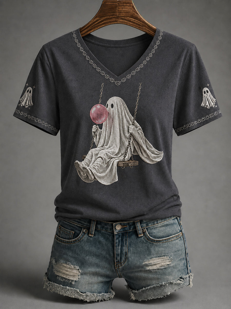 Ghost On A Swing Blowing Bubblegum V-Neck Shirt Halloween Ghost Tee Best Gifts For Wife