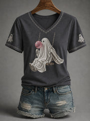 Ghost On A Swing Blowing Bubblegum V-Neck Shirt Halloween Ghost Tee Best Gifts For Wife