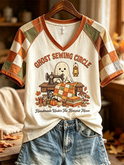 Ghost Sewing Circle V-Neck Shirt Halloween Sewing Circle Merch Birthday Gift For Wife