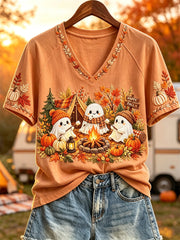 Happy Fall Ghosts Campfire V-Neck Shirt Autumn Halloween Tee Halloween Apparel Gifts