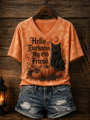 Hello Darkness My Old Friend V-Neck Shirt Halloween Cat Shirt Good Gifts For Wife