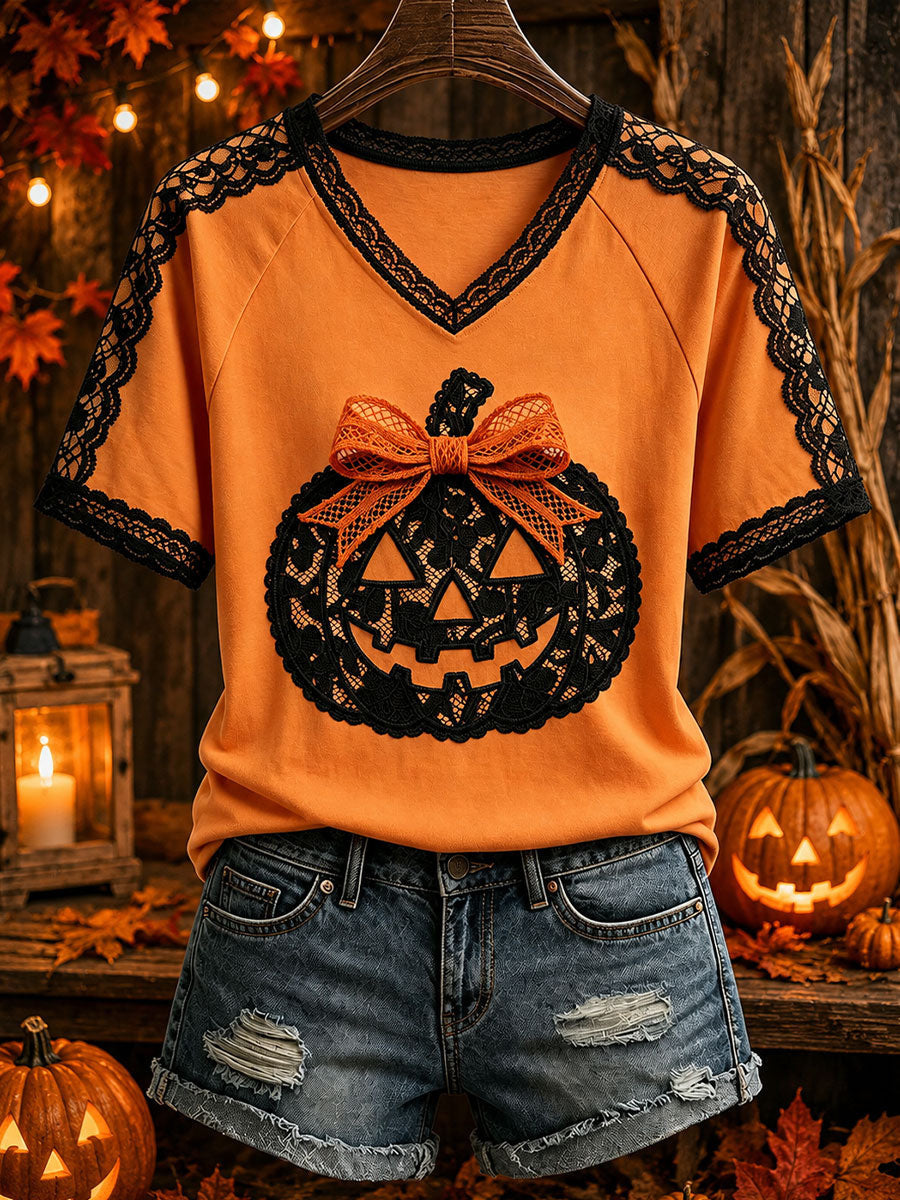 Jack O'Lantern With Bow V-Neck Shirt Halloween Pumpkin Shirt New Season Outfit