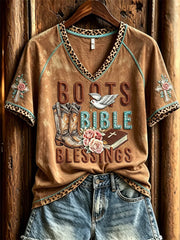 Boots Bible Blessings Happy Cross V-Neck Shirt Christian Faith Western Clothing Gifts For Her