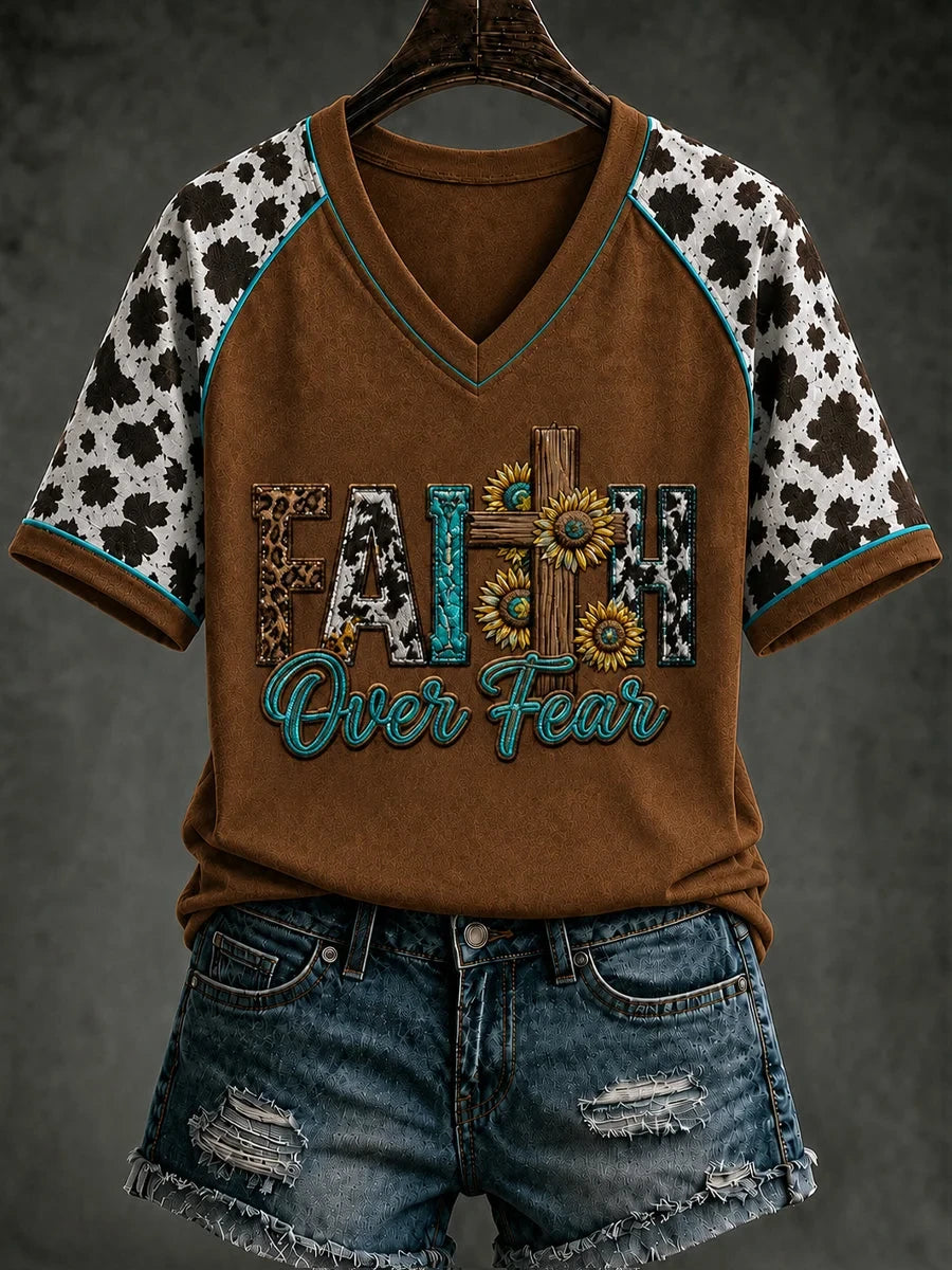 Faith Over Fear V-Neck Shirt Christian Faith Cross Sunflower Clothing Gift Ideas For Wife