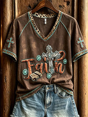 Faith Turquoise Cross Leopard V-Neck Shirt Christian Cross Bible Shirt Present For Wife