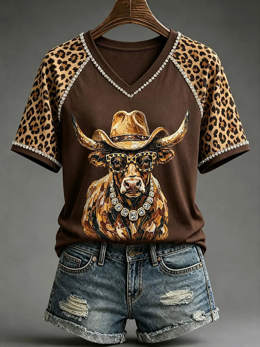 Fun Highland Cow V-Neck Shirt Cowboy Leopard Rhinestone Apparel Unique Gift For Wife