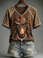 Fun Western Horse V-Neck Shirt Cowgirl Horse Leopard Clothes Unique Christian Gifts