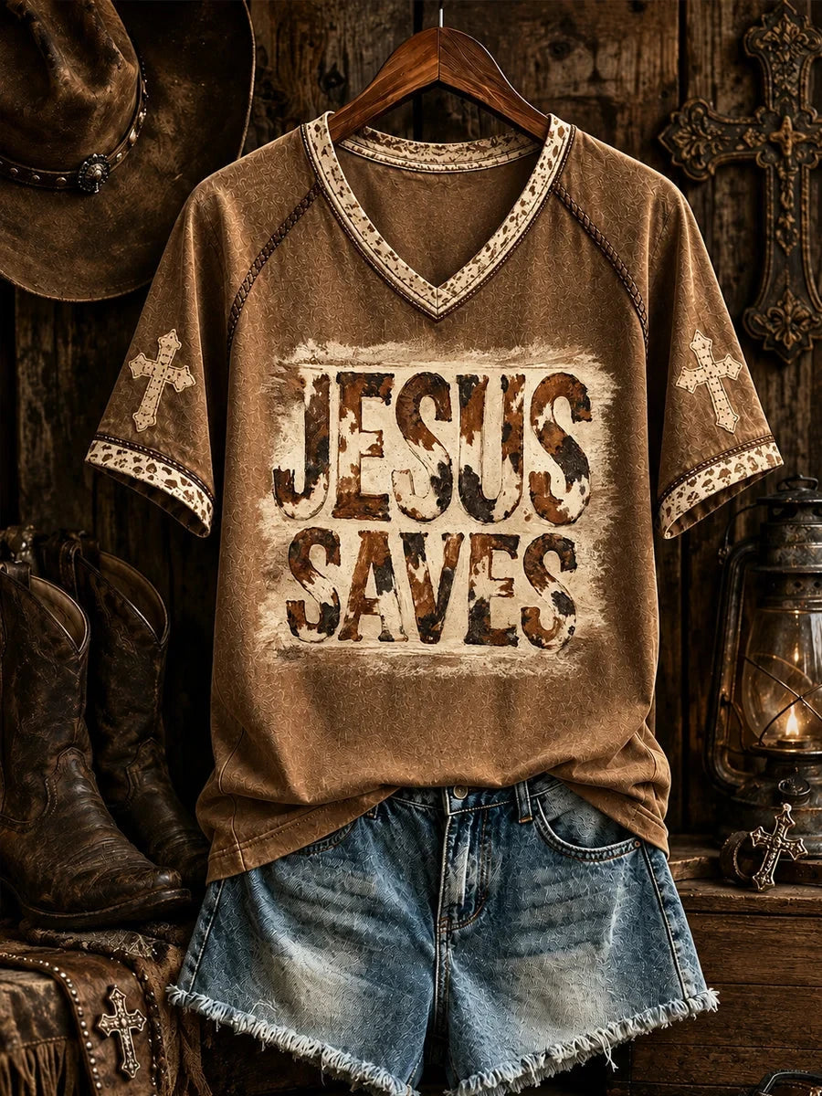 Jesus Saves V-Neck Shirt Christian Cross Apparel Birthday Gift For Women