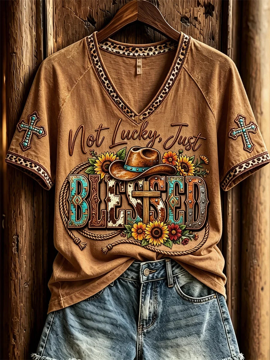 Not Lucky Just Blessed V-Neck Shirt Christian Western Faith Apparel Birthday Ideas For Wife