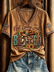 Not Lucky Just Blessed V-Neck Shirt Christian Western Faith Apparel Birthday Ideas For Wife