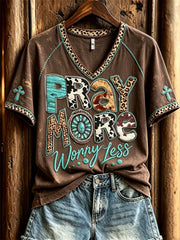 Pray More Worry Less Turquoise Christian V-Neck Shirt Christian Faith Cross Clothes Gift For Wife