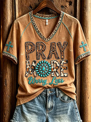 Pray More Worry Less V-Neck Shirt Christian Cross Faith Clothing Good Gifts For Women