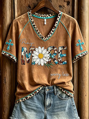 Pray More Worry Less Western Faith V-Neck Shirt Christian Daisy Cross Apparel Christian Gifts