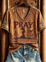 Pray Praying Cowgirl Turquoise Cross Leopard V-Neck Shirt Christian Cross Faith Shirt Gifts
