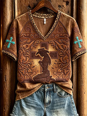 Praying Cowgirl Turquoise Cross Leopard V-Neck Shirt Christian Cowboy Shirt Christian Gifts
