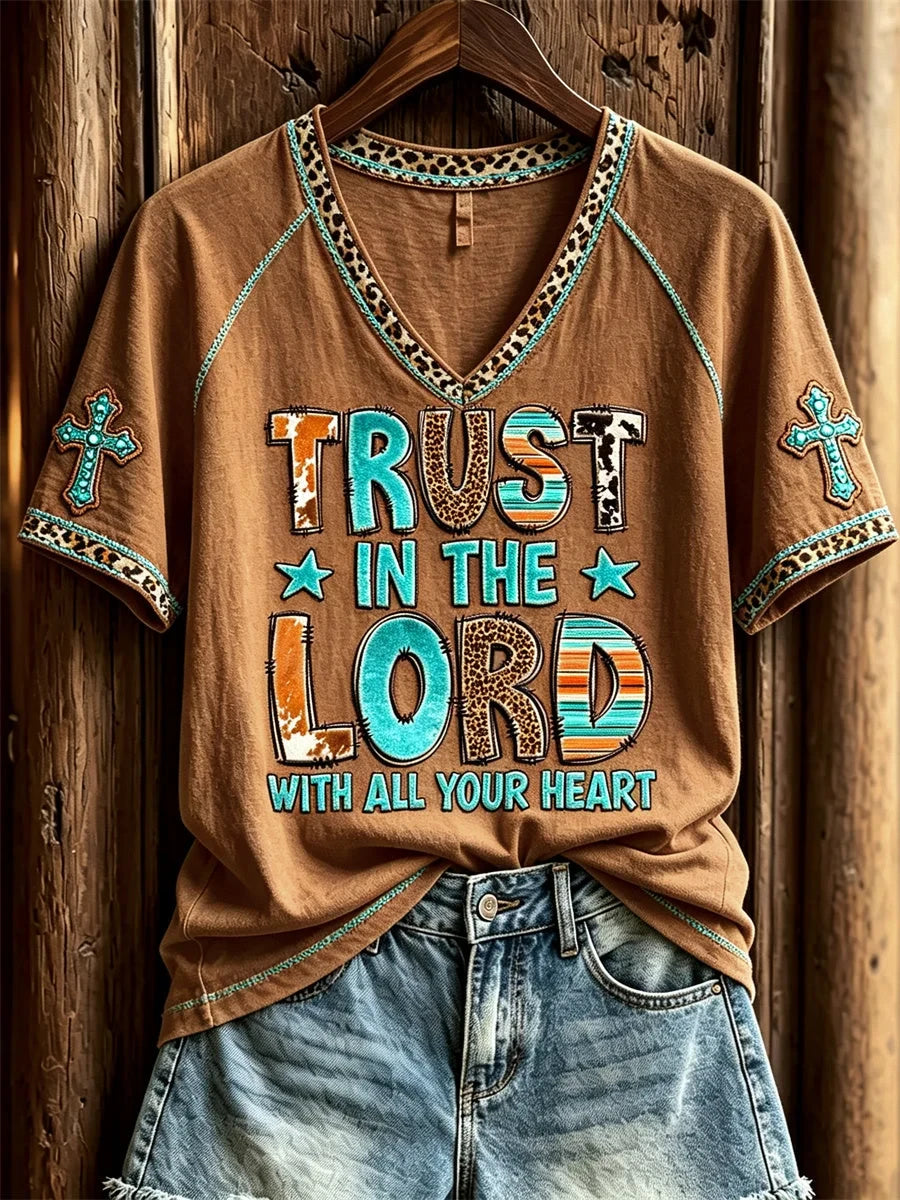 Trust In The Lord With All Your Heart Turquoise Cross V-Neck Shirt Christian Cross Shirt Gift