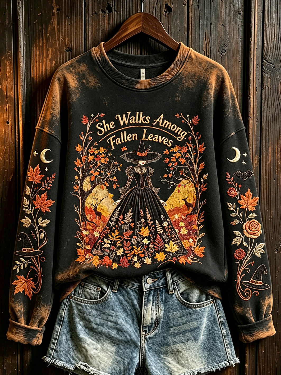She Walks Among Fallen Leaves Sweatshirt Halloween Merch Gift For Spooky Fans