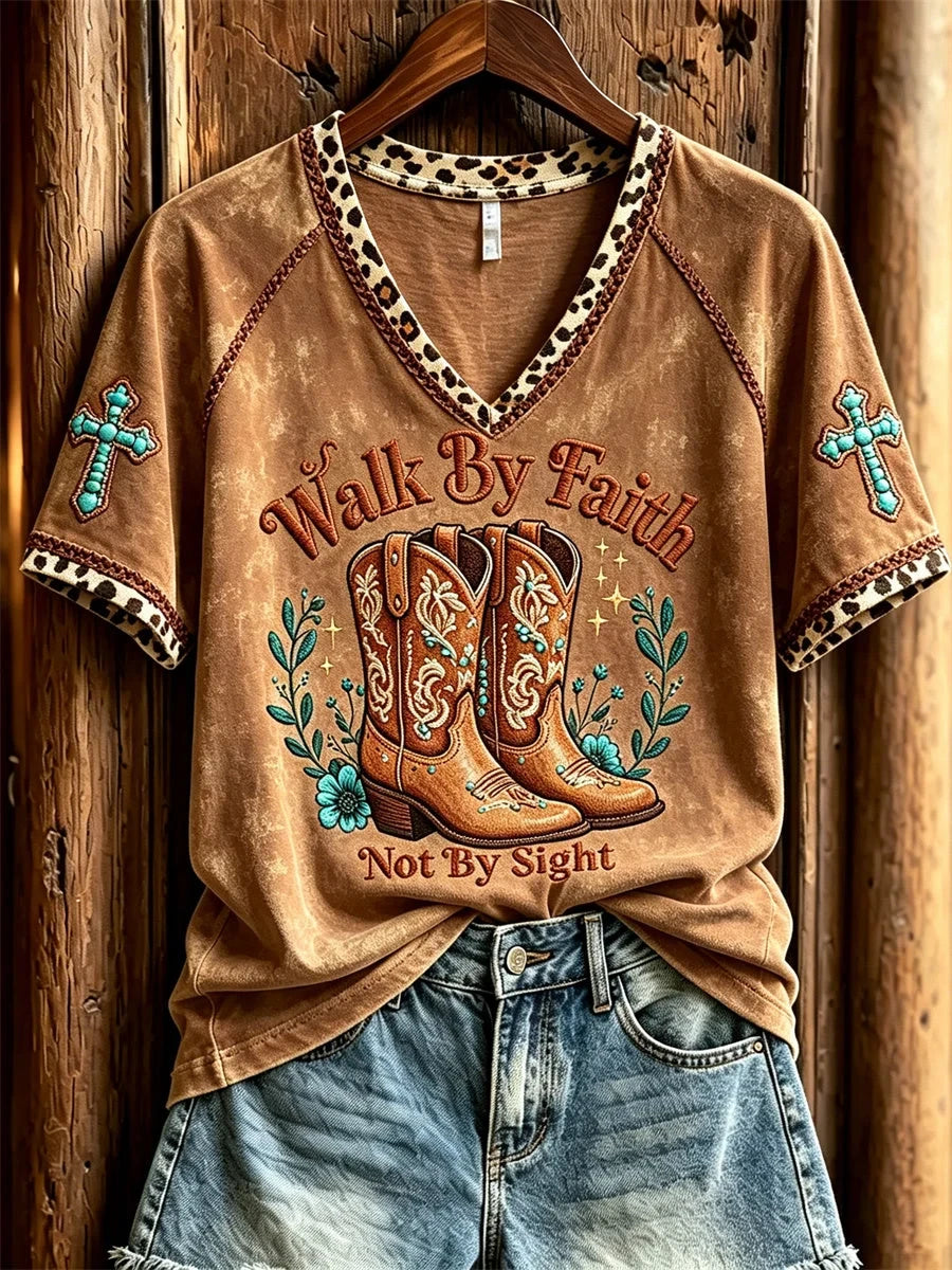 Walk By Faith Not By Sight Western Boots V-Neck Shirt Christian Cowboy Merch Gift