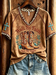 Walk By Faith Not By Sight Western Boots V-Neck Shirt Christian Cowboy Merch Gift