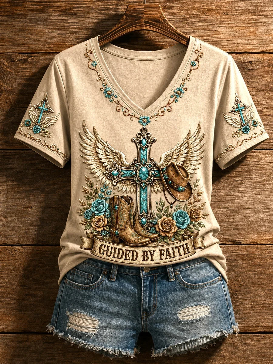 Guided By Faith V-Neck Shirt Christian Cross Wings Boots Cowboy Hat Clothing Gifts For Wife