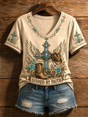 Guided By Faith V-Neck Shirt Christian Cross Wings Boots Cowboy Hat Clothing Gifts For Wife