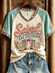 Saved And Southern Western Boots & Cross V-Neck Shirt Christian Faith Shirt Gift For Her