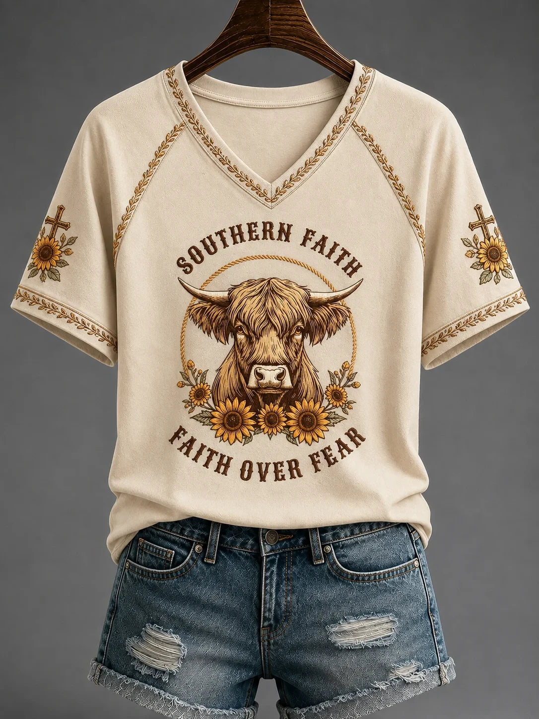 Southern Faith Faith Over Fear V-Neck Shirt Christian Sunflower Cow Shirt Christian Gifts