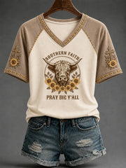 Southern Faith Pray Big Y'all V-Neck Shirt Christian Cross Sunflower Cow Clothing
