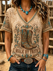 Walk By Faith V-Neck Shirt Cowboy Boots Western Faith Clothes Meaningful Gifts For Wife