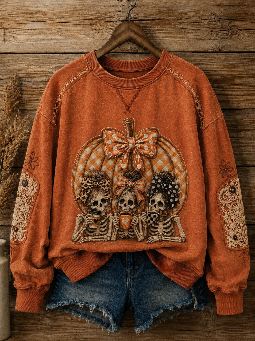 Skeleton Coffee Drinking Pumpkin Sweatshirt Cozy Halloween Skeletons Clothing Gifts