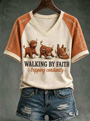 Walking By Faith Tripping Constantly V-Neck Shirt Christian Faith Clothes Present For Women