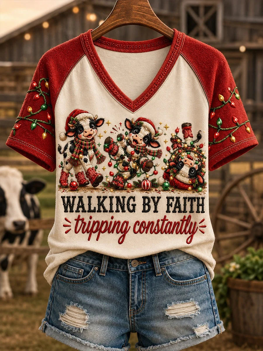 Walking By Faith Tripping Constantly V-Neck Shirt Christmas Cows Apparel USeful Gift For Women